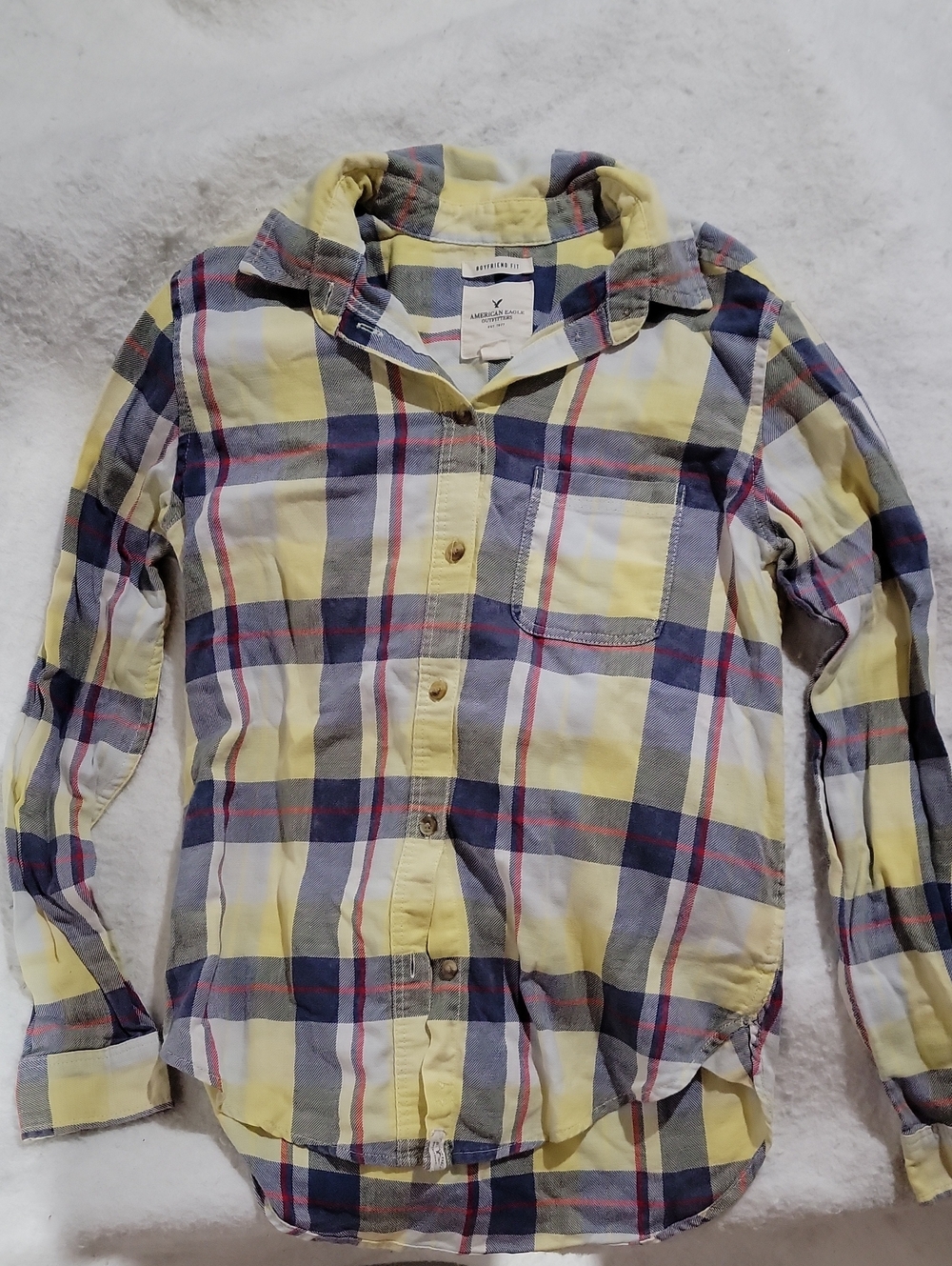 American Eagle Outfitters Yellow, Blue & White Plaid Button-Down Shirt